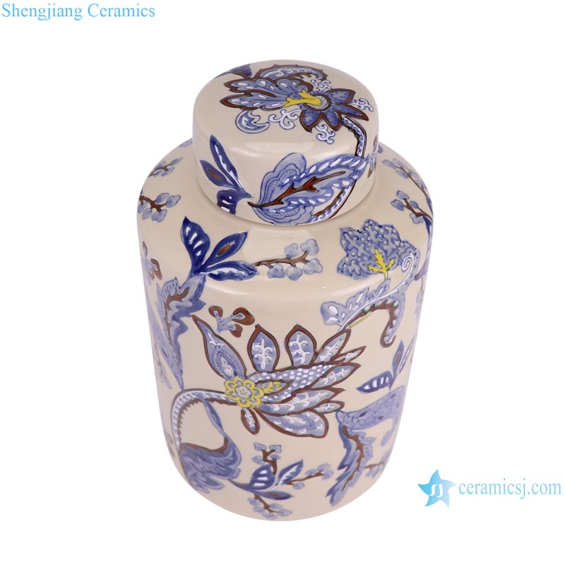 RXAW-xs078 Blue and White Flower Pattern Round shape Ceramic flat lidded Jar Tin Pot --vertical view