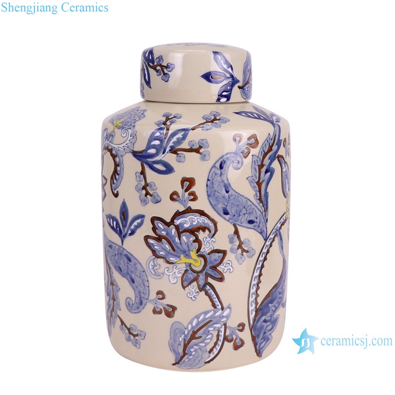 RXAW-xs078 Blue and White Flower Pattern Round shape Ceramic flat lidded Jar Tin Pot --side view