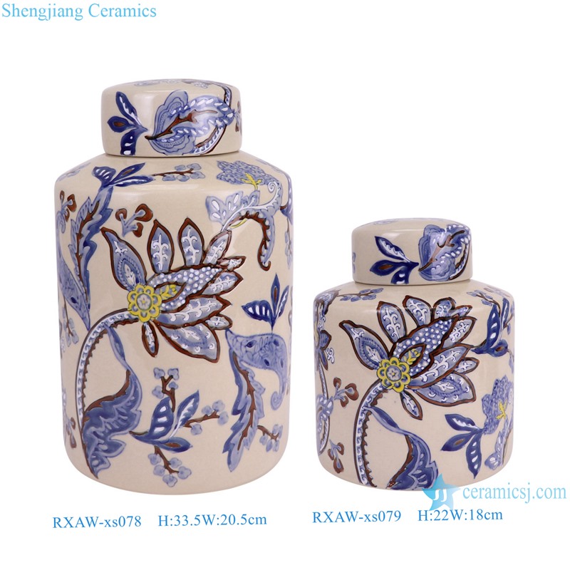 RXAW-xs078_xs079 Blue and White Flower Pattern Round shape Ceramic flat lidded Jar Tin Pot