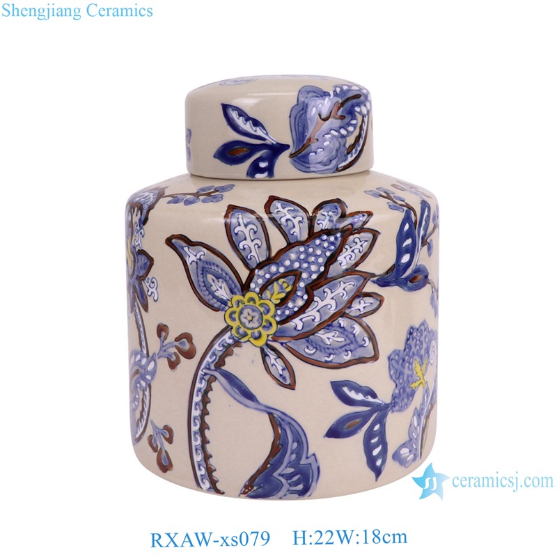 RXAW-xs079 Blue and White Flower Pattern Round shape Ceramic flat lidded Jar Tin Pot 