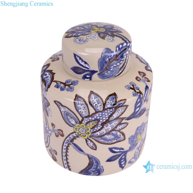 RXAW-xs079 Blue and White Flower Pattern Round shape Ceramic flat lidded Jar Tin Pot -- vertical view