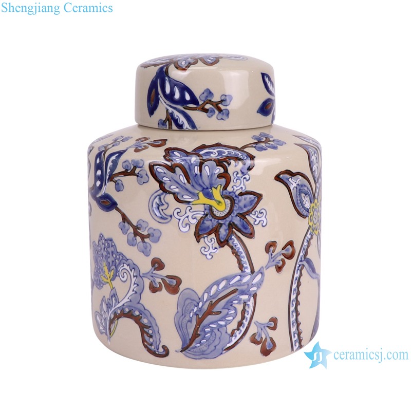 RXAW-xs079 Blue and White Flower Pattern Round shape Ceramic flat lidded Jar Tin Pot -- side view