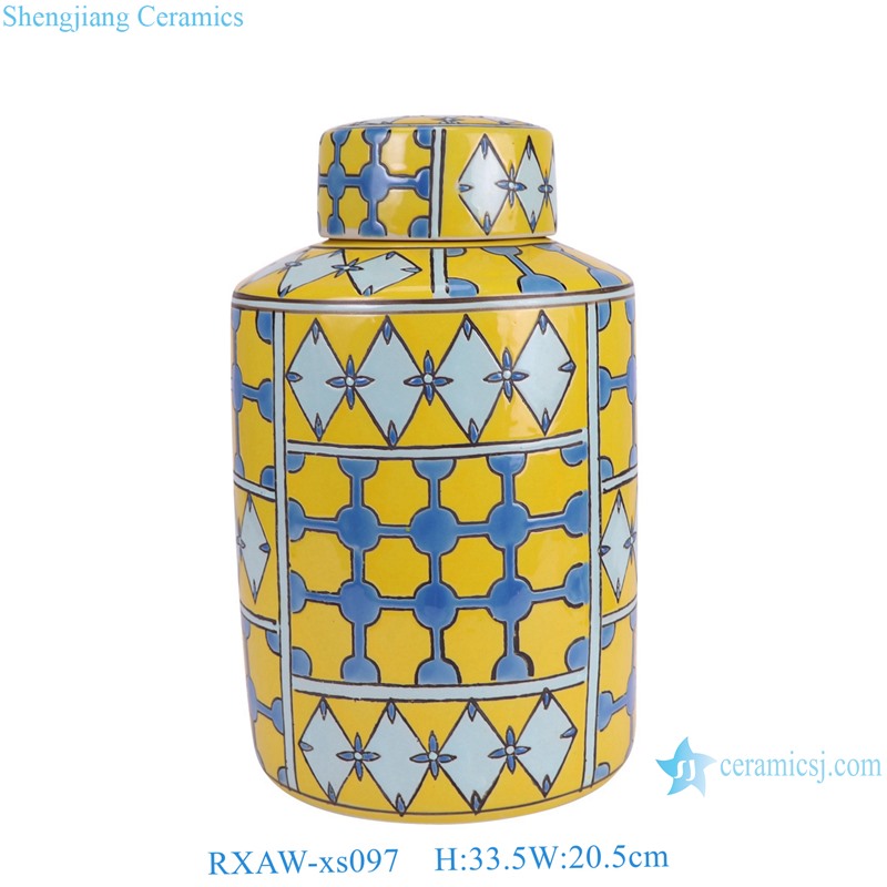 RXAW-xs097 Nordic Style Yellow Color Glazed Geometric Pattern Ceramic straight cylinder Tin Can Canister
