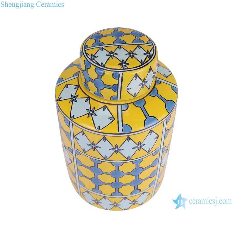 RXAW-xs097 Nordic Style Yellow Color Glazed Geometric Pattern Ceramic straight cylinder Tin Can Canister--vertical view