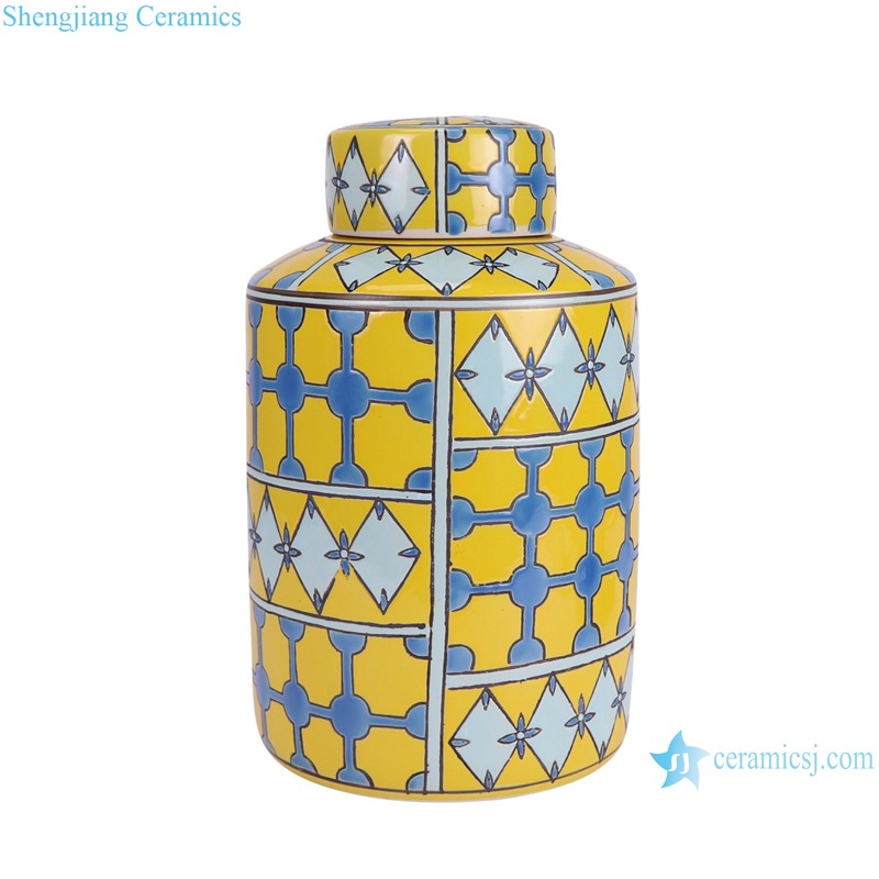 RXAW-xs097 Nordic Style Yellow Color Glazed Geometric Pattern Ceramic straight cylinder Tin Can Canister--side view