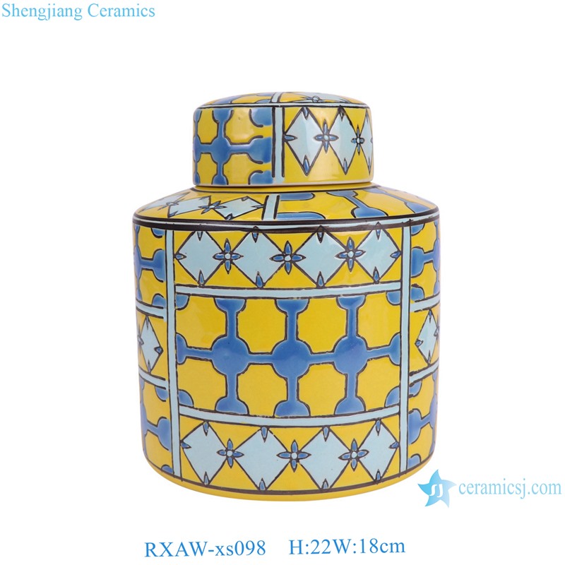 RXAW-xs098 Nordic Style Yellow Color Glazed Geometric Pattern Ceramic straight cylinder Tin Can Canister