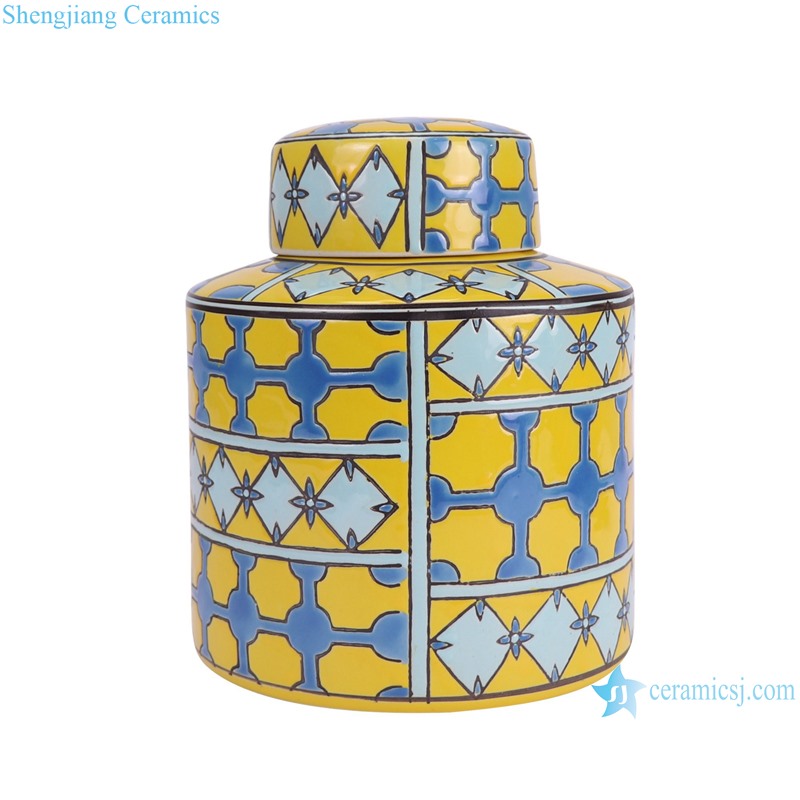 RXAW-xs098 Nordic Style Yellow Color Glazed Geometric Pattern Ceramic straight cylinder Tin Can Canister-side view