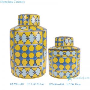 RXAW-xs097-RXAW-xs098 Nordic Style Yellow Color Glazed Geometric Pattern Ceramic straight cylinder Tin Can Canister