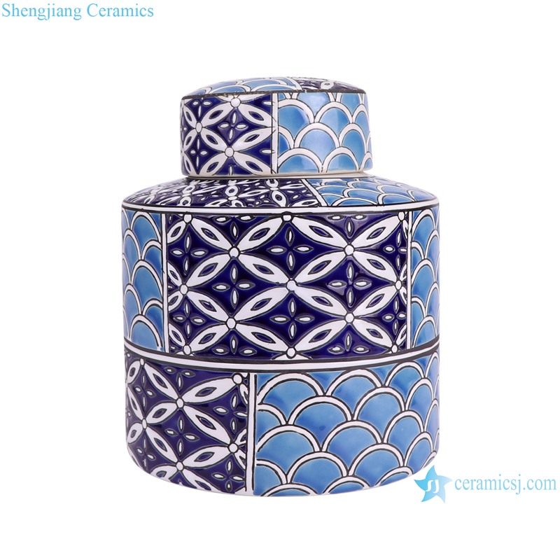 RXAW-xs132 Straight Cylindrical Sea Wave pattern Ceramic Square jar Flat Lidded Can Tea Canister -- side view