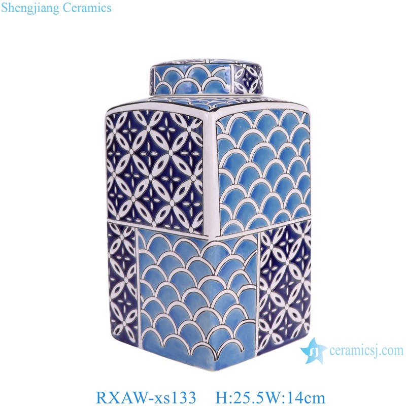 RXAW-xs133 Straight Cylindrical Sea Wave pattern Ceramic Square jar Flat Lidded Can Tea Canister 