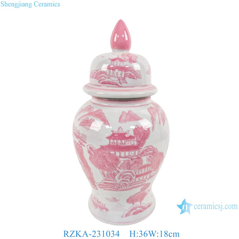 RZKA-231034 Red and White Landscape House Pattern Porcelain lidded Jars Ceramic flower Vase