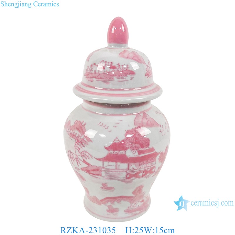 RZKA-231035 Red and White Landscape House Pattern Porcelain lidded Jars Ceramic flower Vase