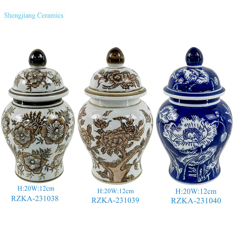 RZKA-231037 Blue white Yellow color Flower and Bird pattern Lidded 8inch Porcelain Small Jars
