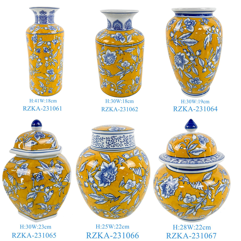 RZKA-231061 Nordic style Yellow color glazed Porcelain lidded Jar Round shape Ceramic flower vase