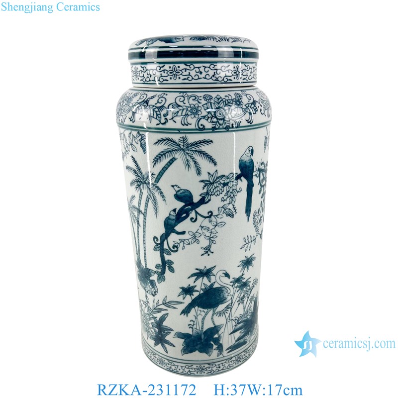 RZKA-231172 Blue and White Porcelain Flower and Bird Straight Tube Flat Lidded Jar 