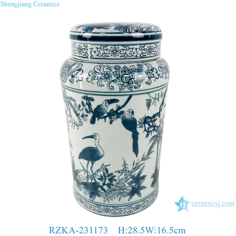 RZKA-231173 Blue and White Porcelain Flower and Bird Straight Tube Flat Lidded Jar 