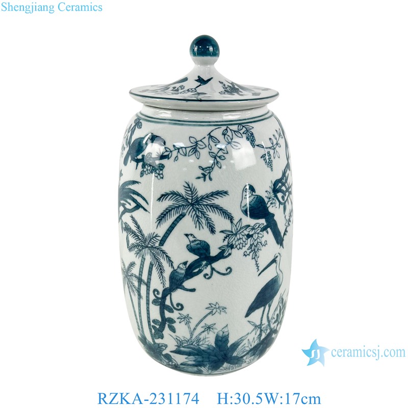 RZKA-231174 Blue and White Porcelain Flower and Bird Straight Tube Flat Lidded Jar 