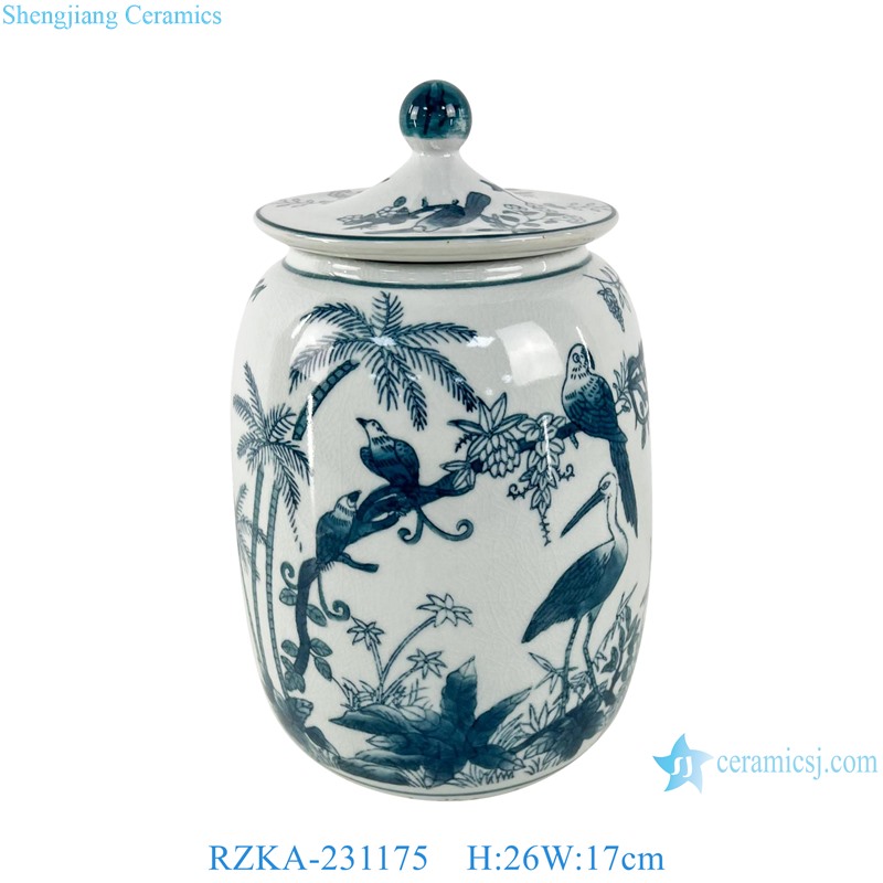 RZKA-231175 Blue and White Porcelain Flower and Bird Straight Tube Flat Lidded Jar 