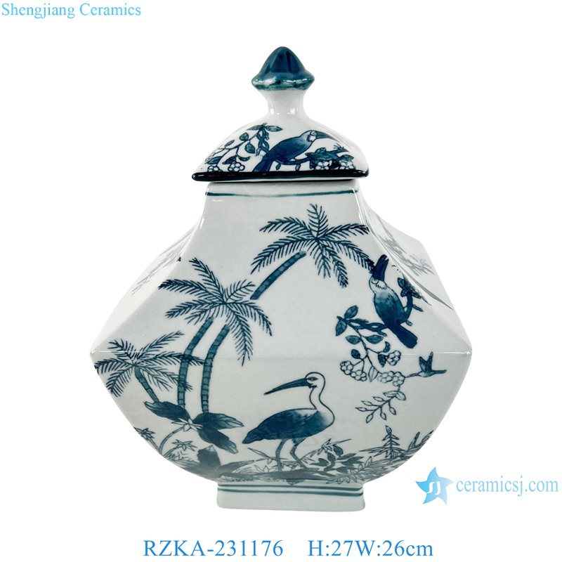 RZKA-231176 Blue and White Porcelain Flower and Bird Straight Tube Flat Lidded Jar 