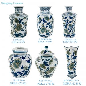 RZKA-231177 Blue and White Flower and Bird Pattern Colorful flat Lidded Jar Ceramic flower vase