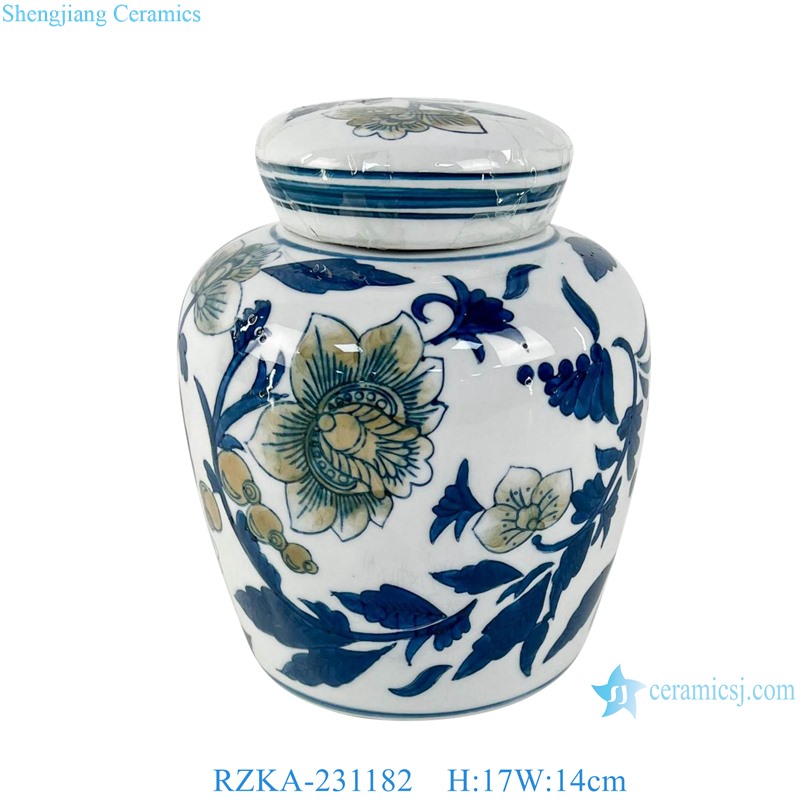 RZKA-231182 Blue and White Flower and Bird Pattern Colorful flat Lidded Jar 