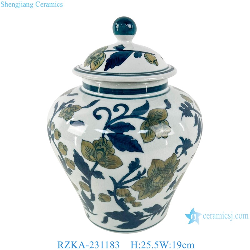 RZKA-231183 Blue and White Flower and Bird Pattern Colorful flat Lidded Jar 