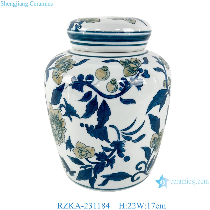RZKA-231184 Blue and White Flower and Bird Pattern Colorful flat Lidded Jar 