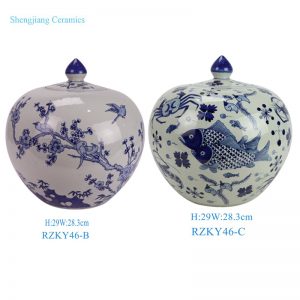 RZKY46-A-B-C Blue and White Mandarin Duck Playing fish algae Bird pattern Hand painted Watermelon lidded Jar