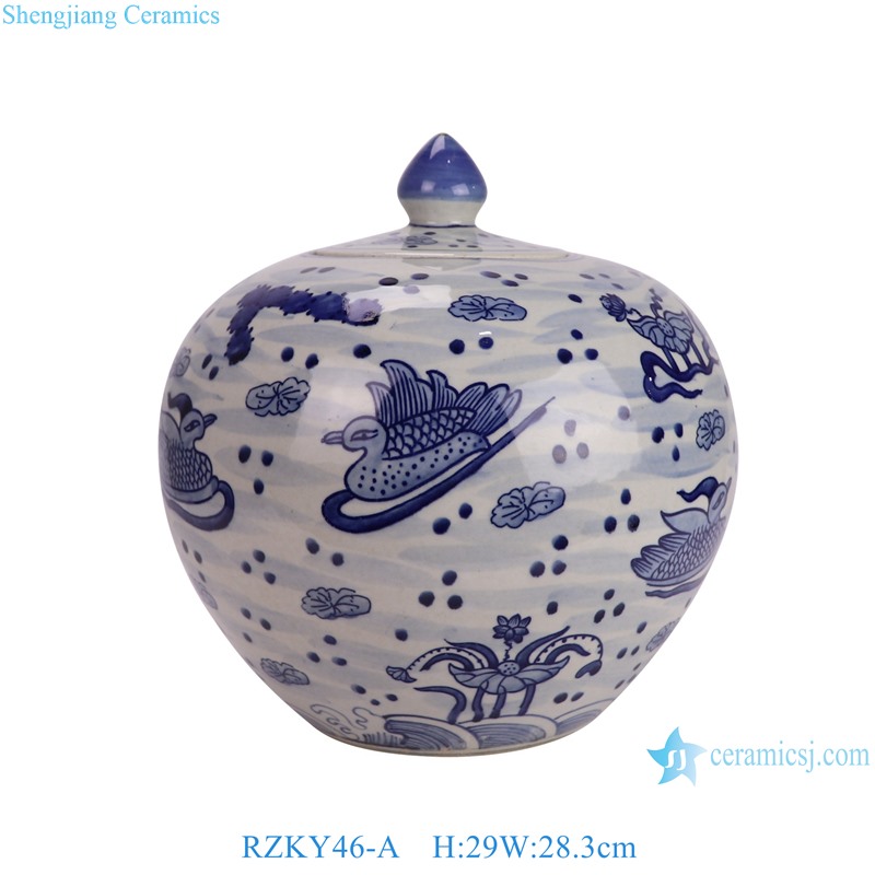 RZKY46-A Blue and White Mandarin Duck Playing fish algae pattern Hand painted Watermelon lidded Jar