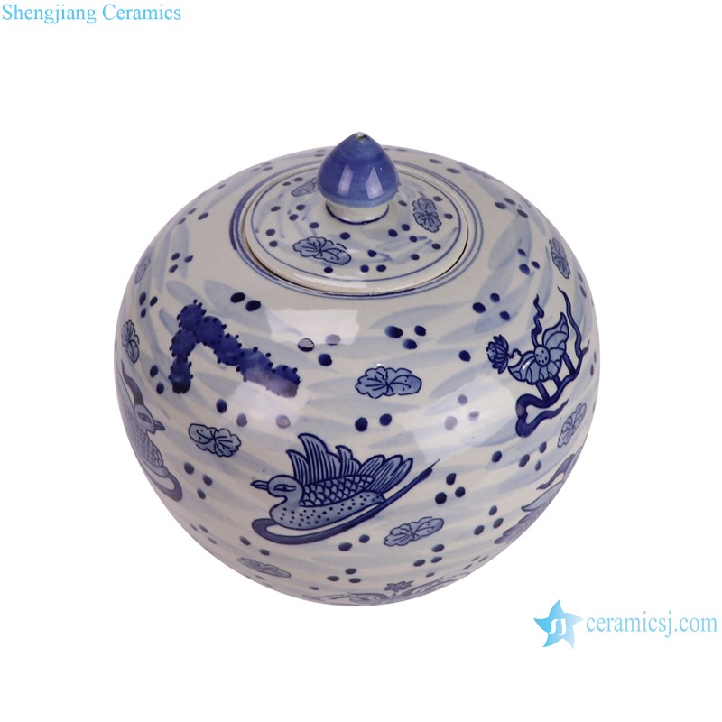 RZKY46-A Blue and White Mandarin Duck Playing fish algae pattern Hand painted Watermelon lidded Jar--vertical view