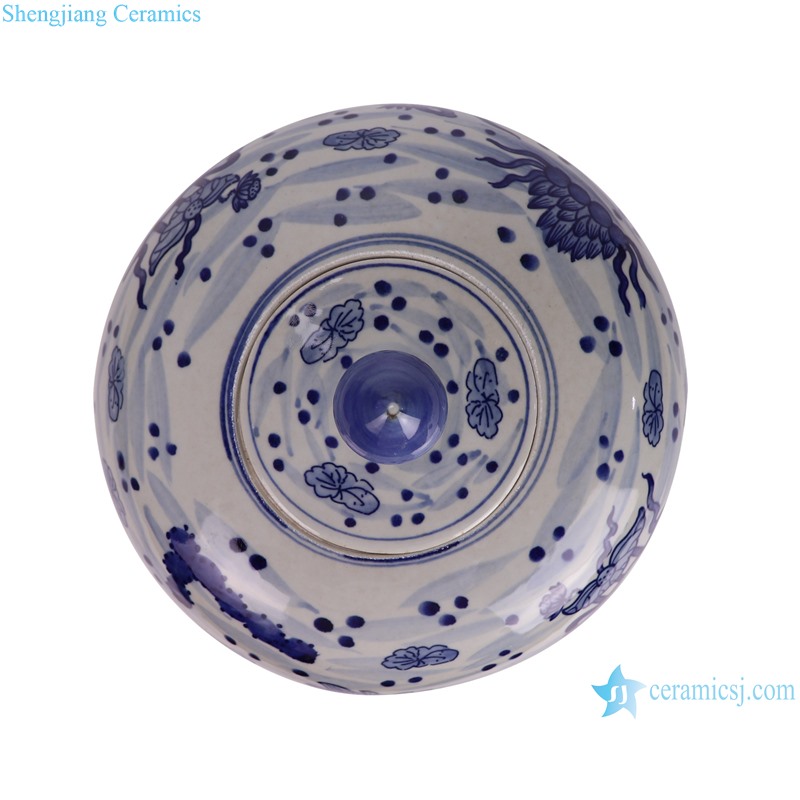 RZKY46-A Blue and White Mandarin Duck Playing fish algae pattern Hand painted Watermelon lidded Jar--top view