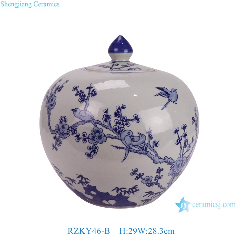 RZKY46-B Blue and White Plum flower and bird pattern Hand painted Watermelon lidded Jar