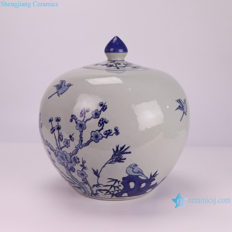 RZKY46-B Blue and White Plum flower and bird pattern Hand painted Watermelon lidded Jar--side view