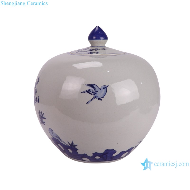 RZKY46-B Blue and White Plum flower and bird pattern Hand painted Watermelon lidded Jar--side view
