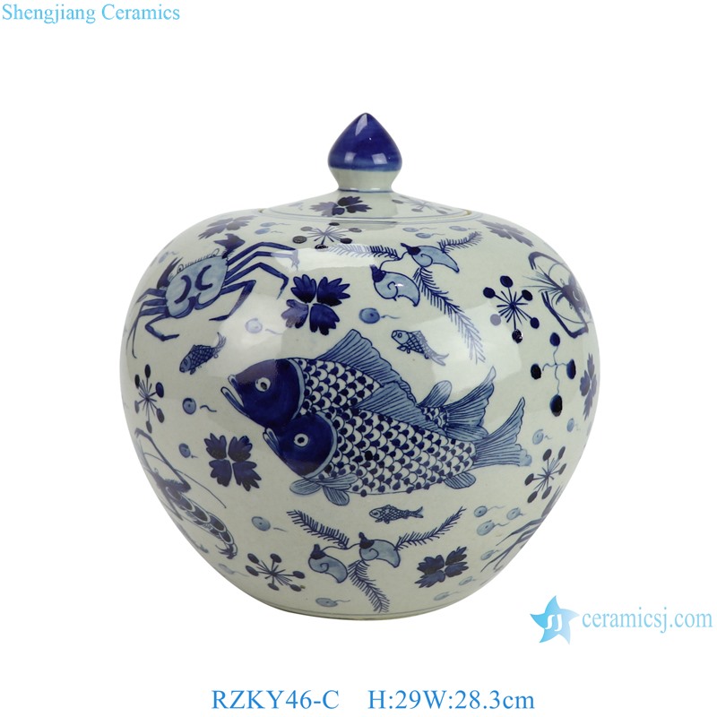 RZKY46-C Blue and White Fish algae Hand painted Watermelon lidded Jar