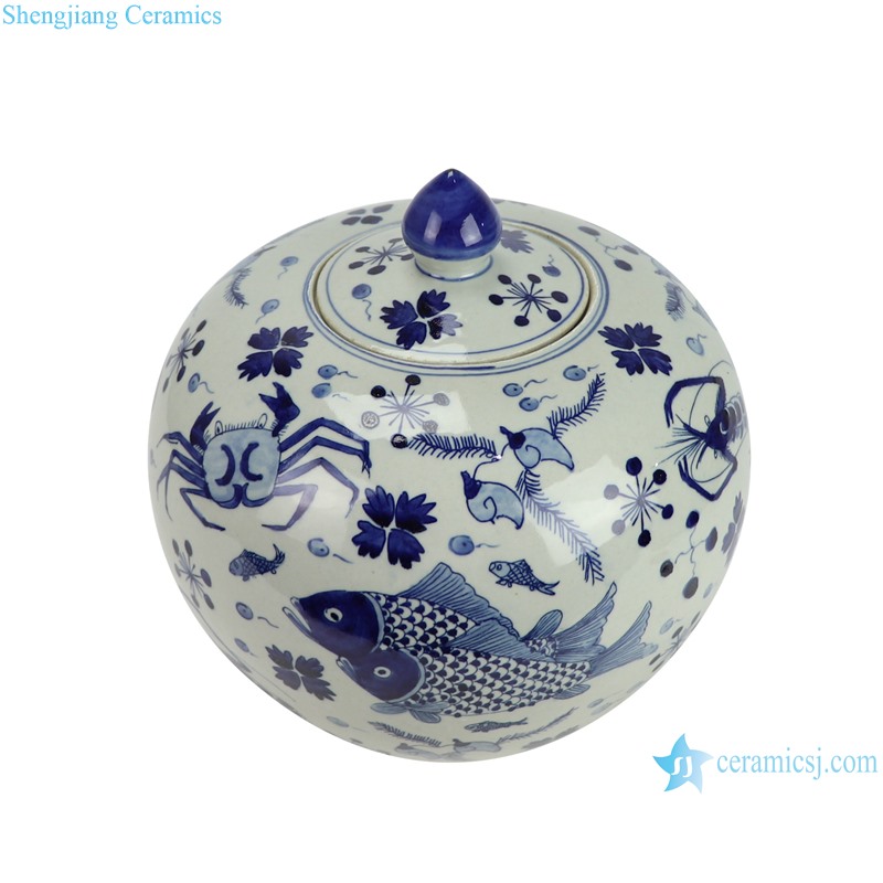 RZKY46-C Blue and White Fish algae Hand painted Watermelon lidded Jar--top view