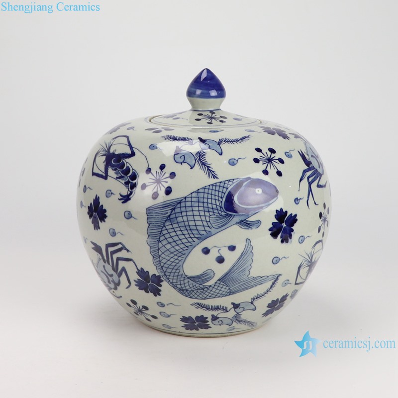 RZKY46-C Blue and White Fish algae Hand painted Watermelon lidded Jar--side view