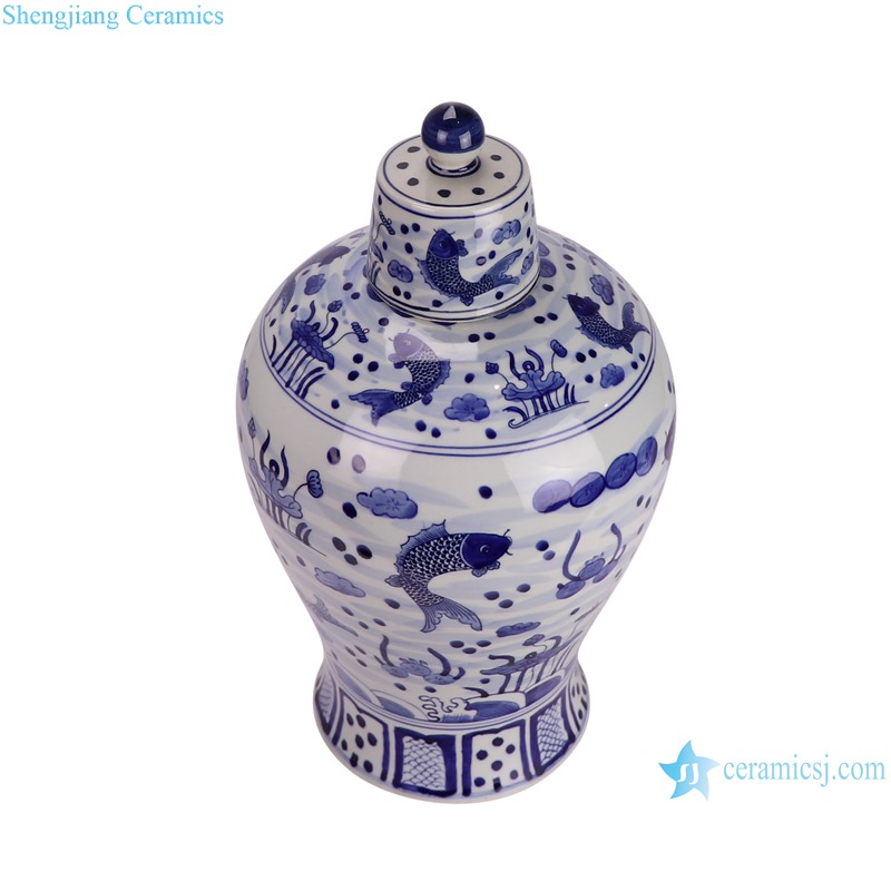 RZKY47-A Jingdezhen Blue and white fish algae pattern Porcelain Temple Jars--vertical view