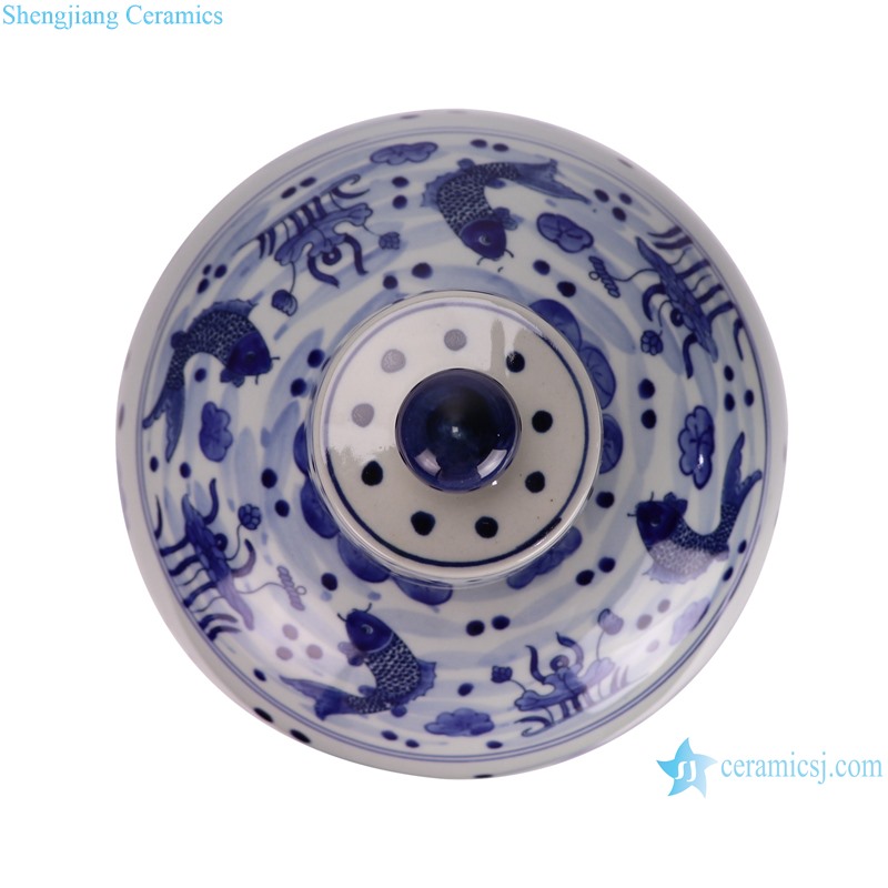 RZKY47-A Jingdezhen Blue and white fish algae pattern Porcelain Temple Jars--top view