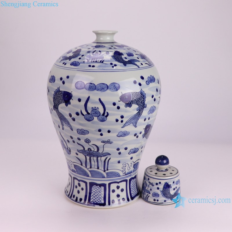 RZKY47-A Jingdezhen Blue and white fish algae pattern Porcelain Temple Jars--side view