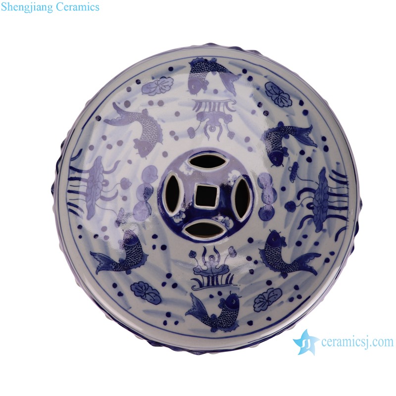 RZKY48-A Blue and white fish and algae patterned Ceramic stool Home GardenCooling Pier--top view