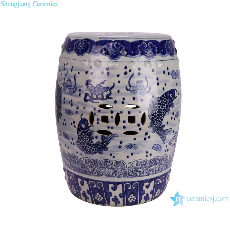 RZKY48-A Blue and white fish and algae patterned Ceramic stool Home GardenCooling Pier--side view