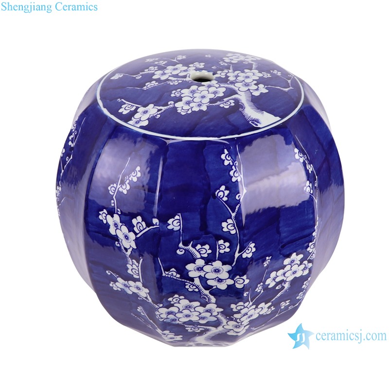 RZUF93-A Blue and White Porcelain ice plum pattern pumpkin Shape Ceramic Stool -- vertical view
