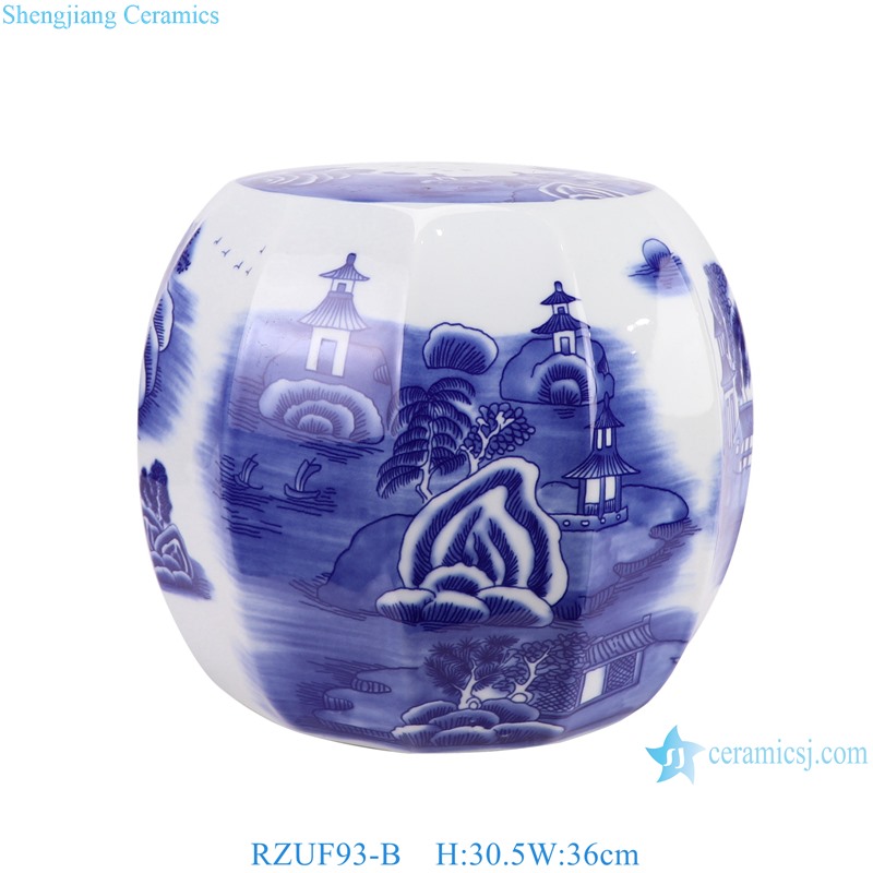 RZUF93-B Blue and White Porcelain landscape pattern pumpkin Shape Ceramic Stool