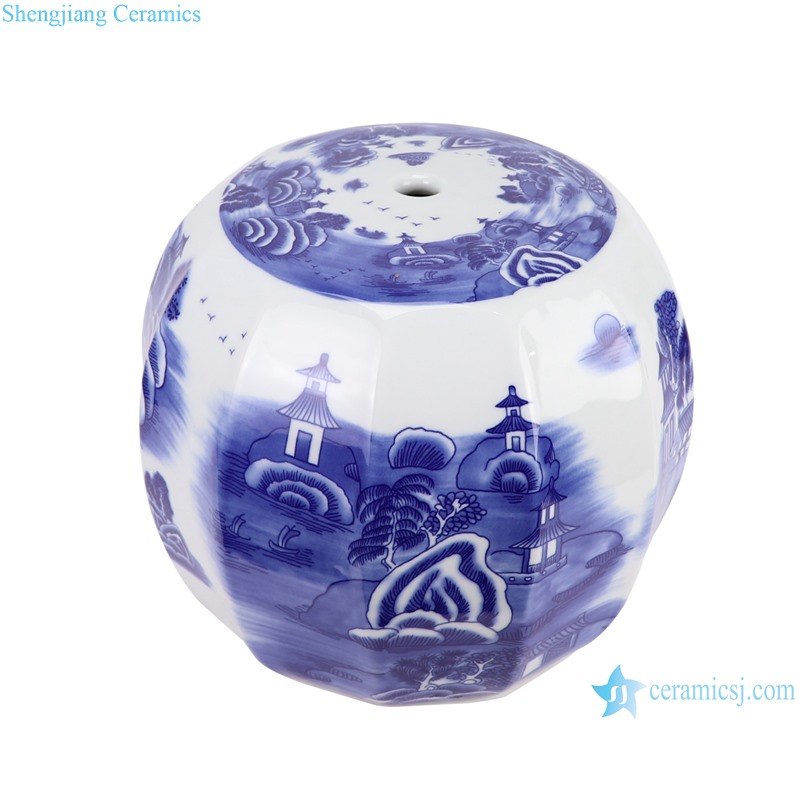 RZUF93-B Blue and White Porcelain landscape pattern pumpkin Shape Ceramic Stool--vertical view