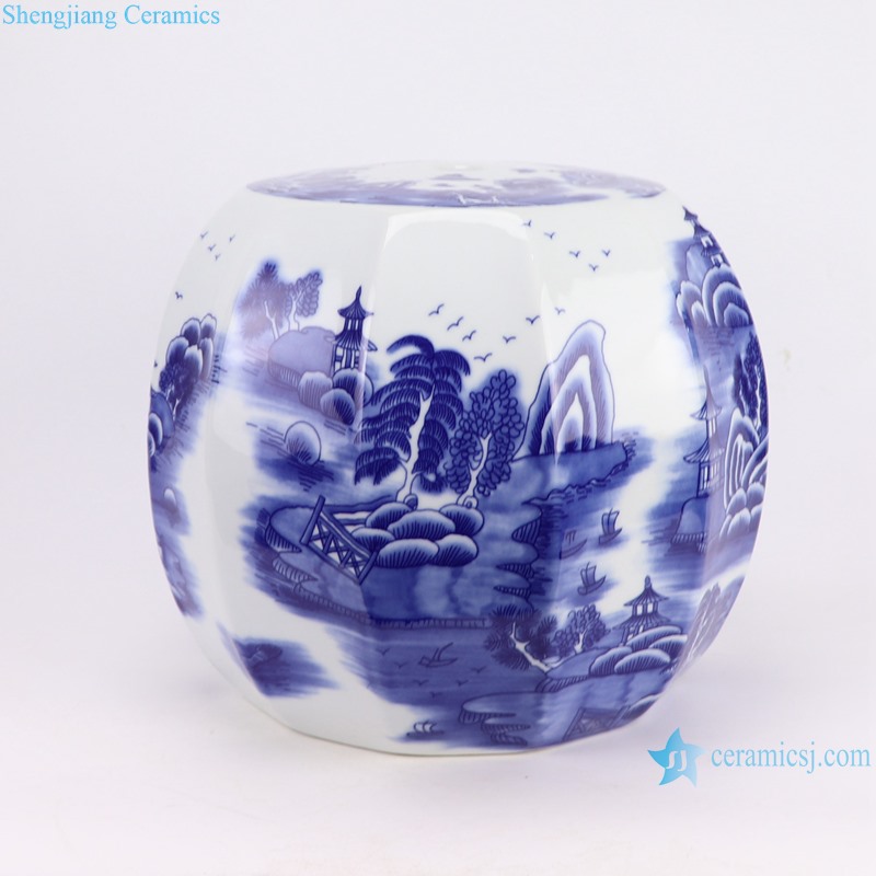 RZUF93-B Blue and White Porcelain landscape pattern pumpkin Shape Ceramic Stool--side view