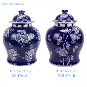 RZUF94-A-B Dark blue and White color Porcelain Peony flower and leaf pattern ceramic lidded Jar