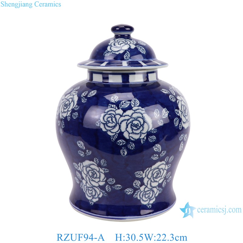 RZUF94-A Dark blue and White color Peony flower pattern ceramic lidded Jar