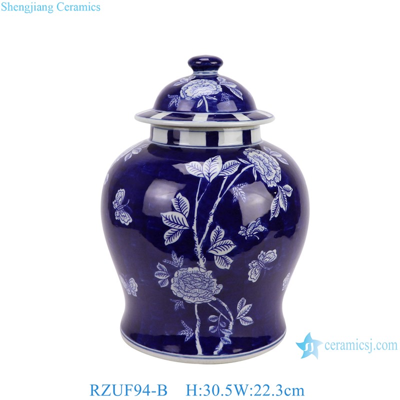 RZUF94-B Dark blue and White color Porcelain flower and leaf pattern ceramic lidded Jar