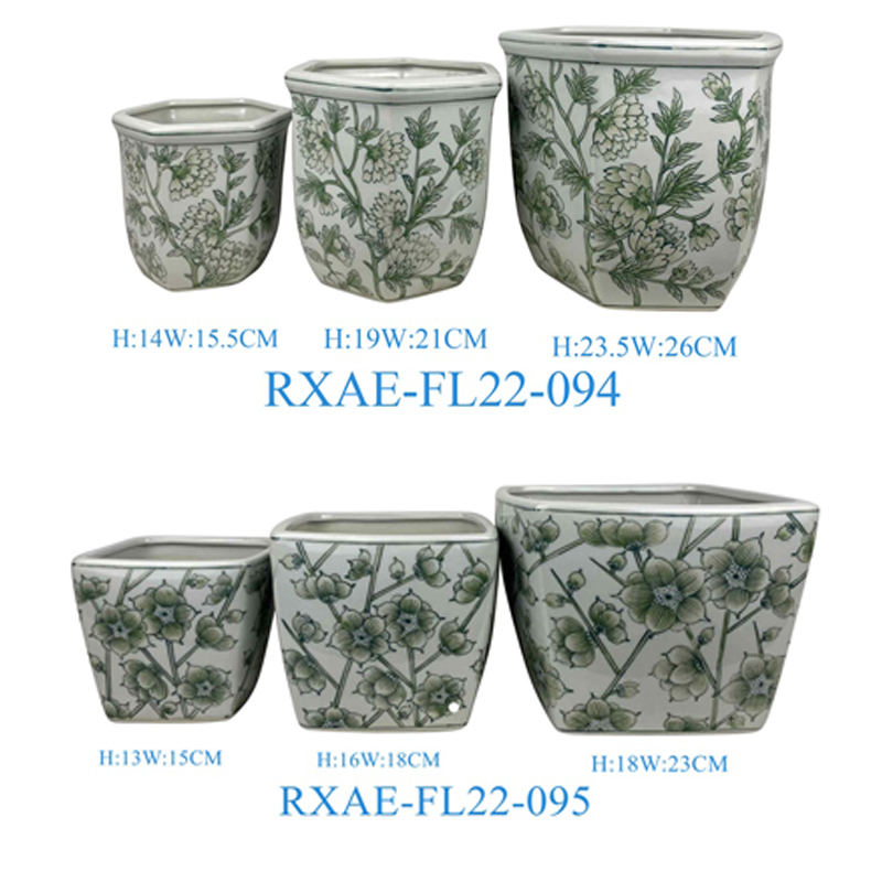 beautiful green and white round shape flower design 4pcs sizes set ceramic flower pot planter